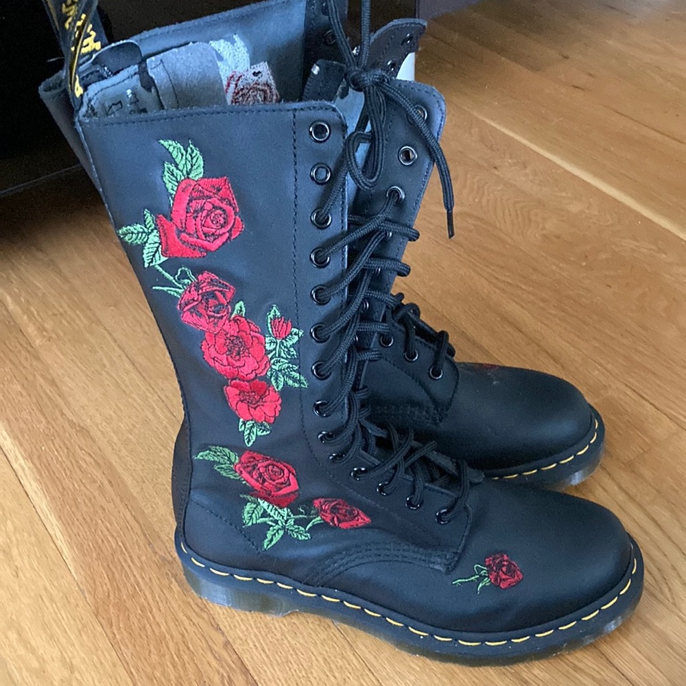 Doc martins mid calf rose embroidered boots .